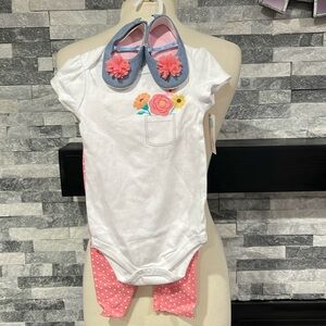 Little Treasure Baby Girl Cotton Bodysuit, Pant and Shoe 3pc Set